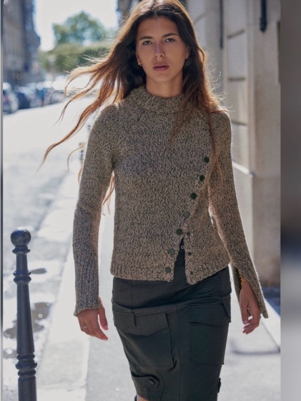 Zara Taupe Marled Asymmetrical Button-Front Turtleneck Sweater - Picture 1 of 7